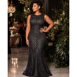 NEW Black Lace & Satin Gown Bodycon Mermaid Formal Long Dress witchy Large $240
